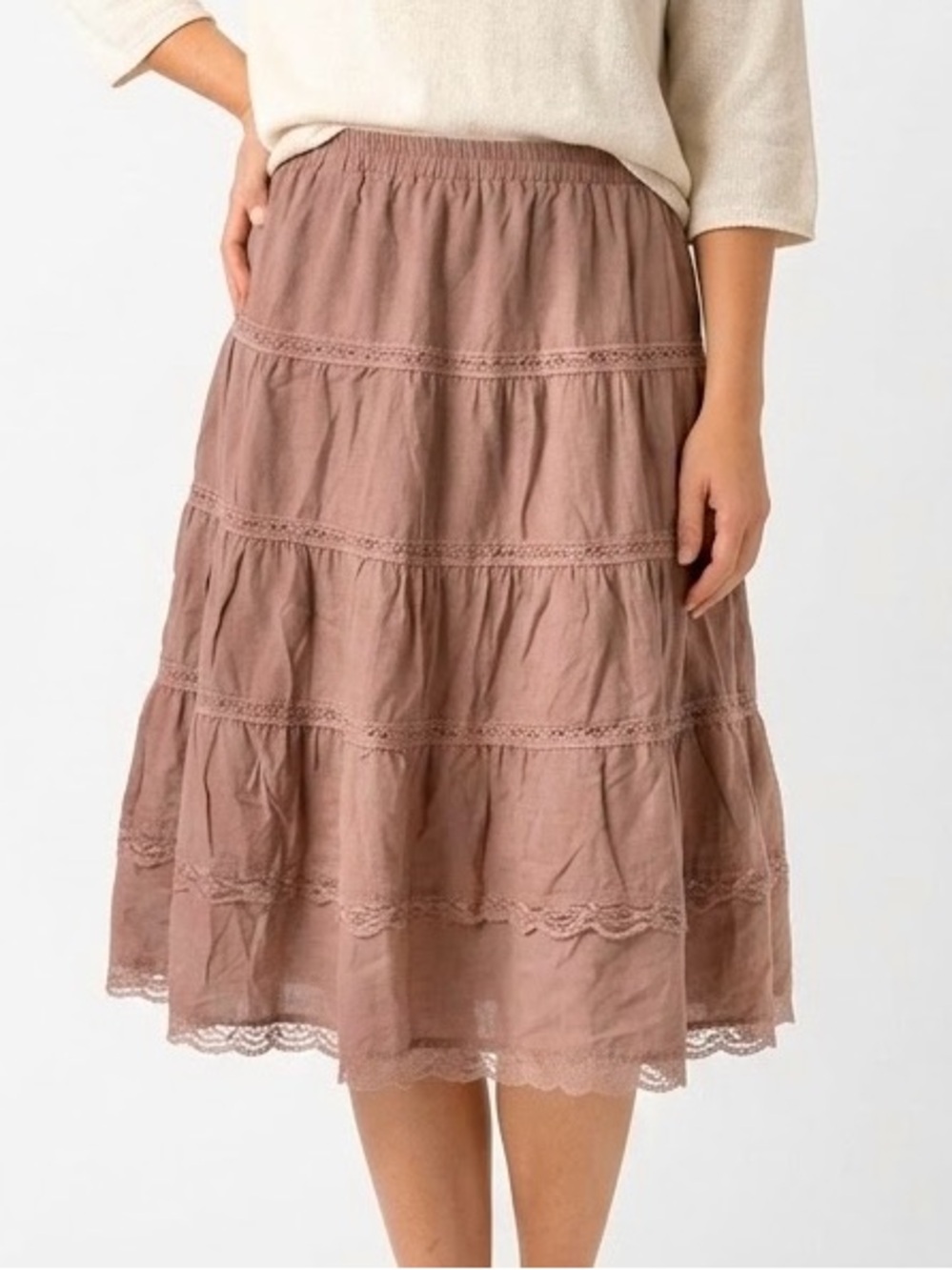 ATMOSPHERE Dusty Rose Tiered Midi Skirt Boho Lace Beads Prairie Sz UK 12 Medium